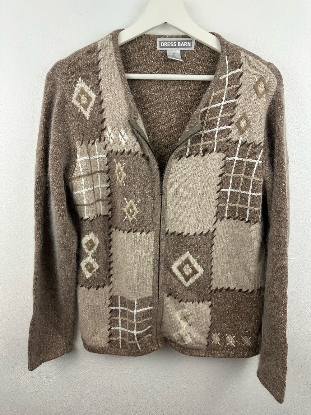 Dress Barn Brown Patchwork Full-Zip Silk Blend Sweater Women's Size M